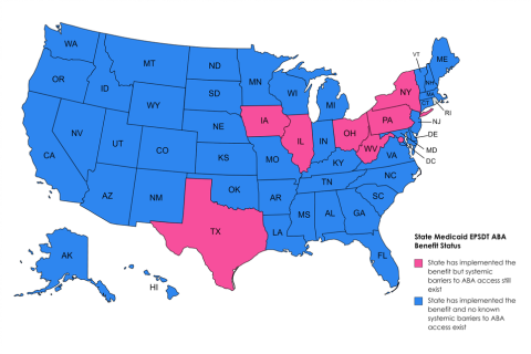 美国颜色的地图通过医疗补助ABA福利的实施状态编码
