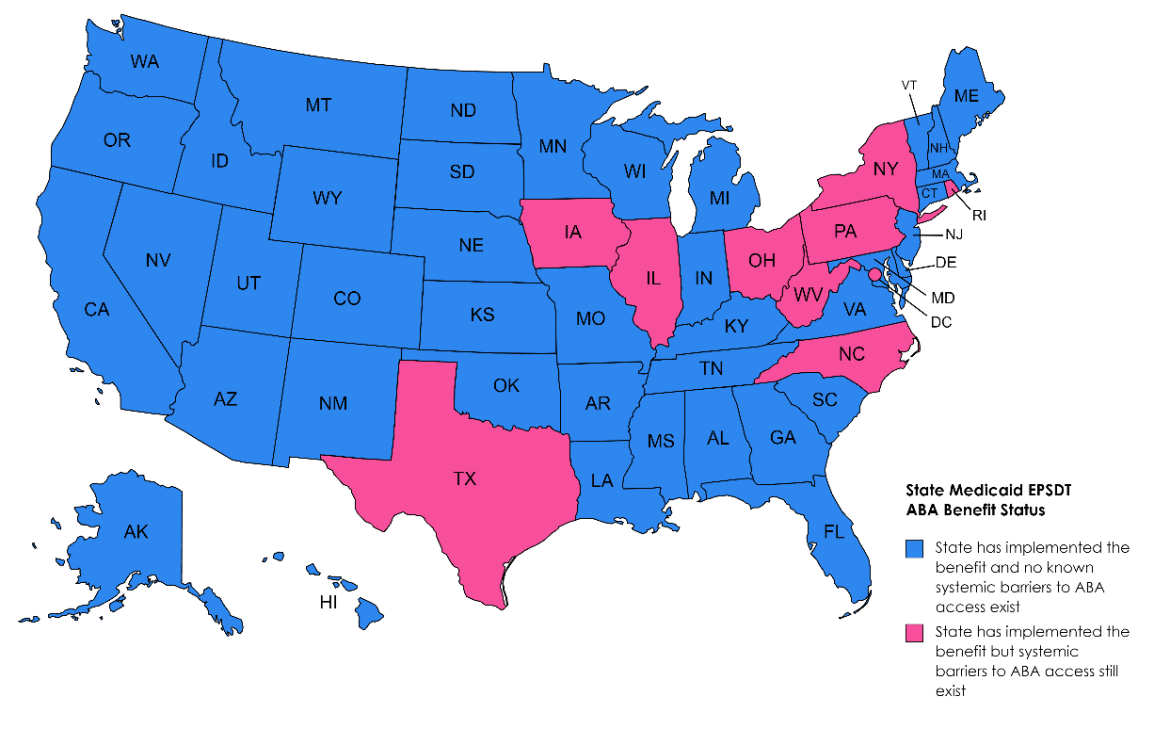 由Medicaid Aba Event的实施状态编码的美国颜色地图